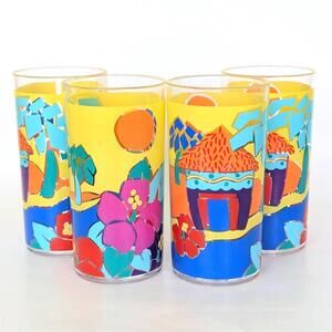 1980s Vintage Colorful Plastic Tumblers with Tropical Design